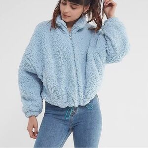 UO Willow Fuzzy Blue Drawstring Teddy Jacket